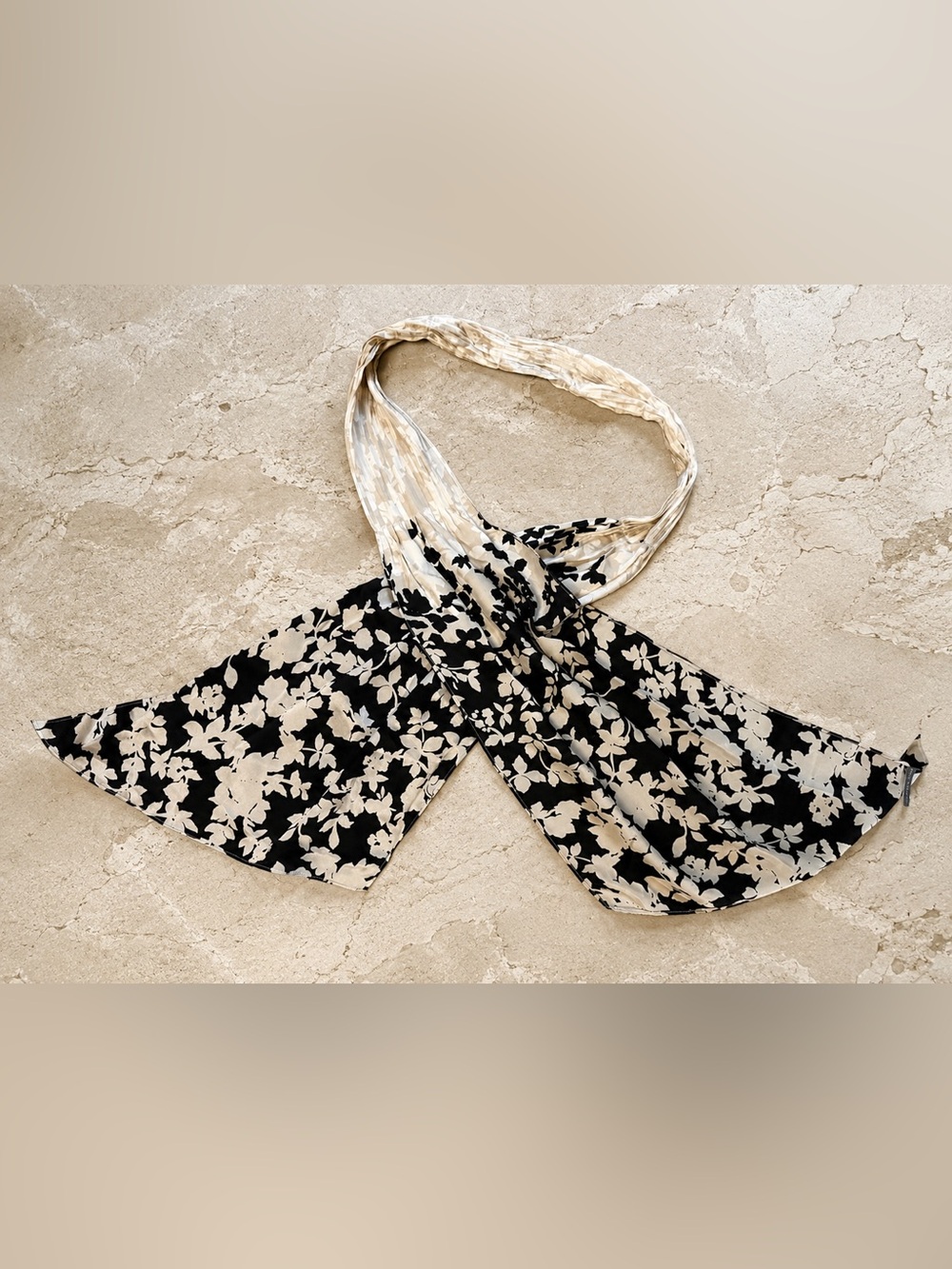 100% Silk Scarf Black Ivory Floral Boho Hair Neck Wrap French Chic Luxe Travel - Picture 2 of 5